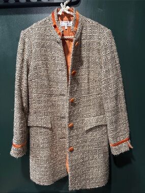 Geometric Tweed Button Jacket with Orange Trim
